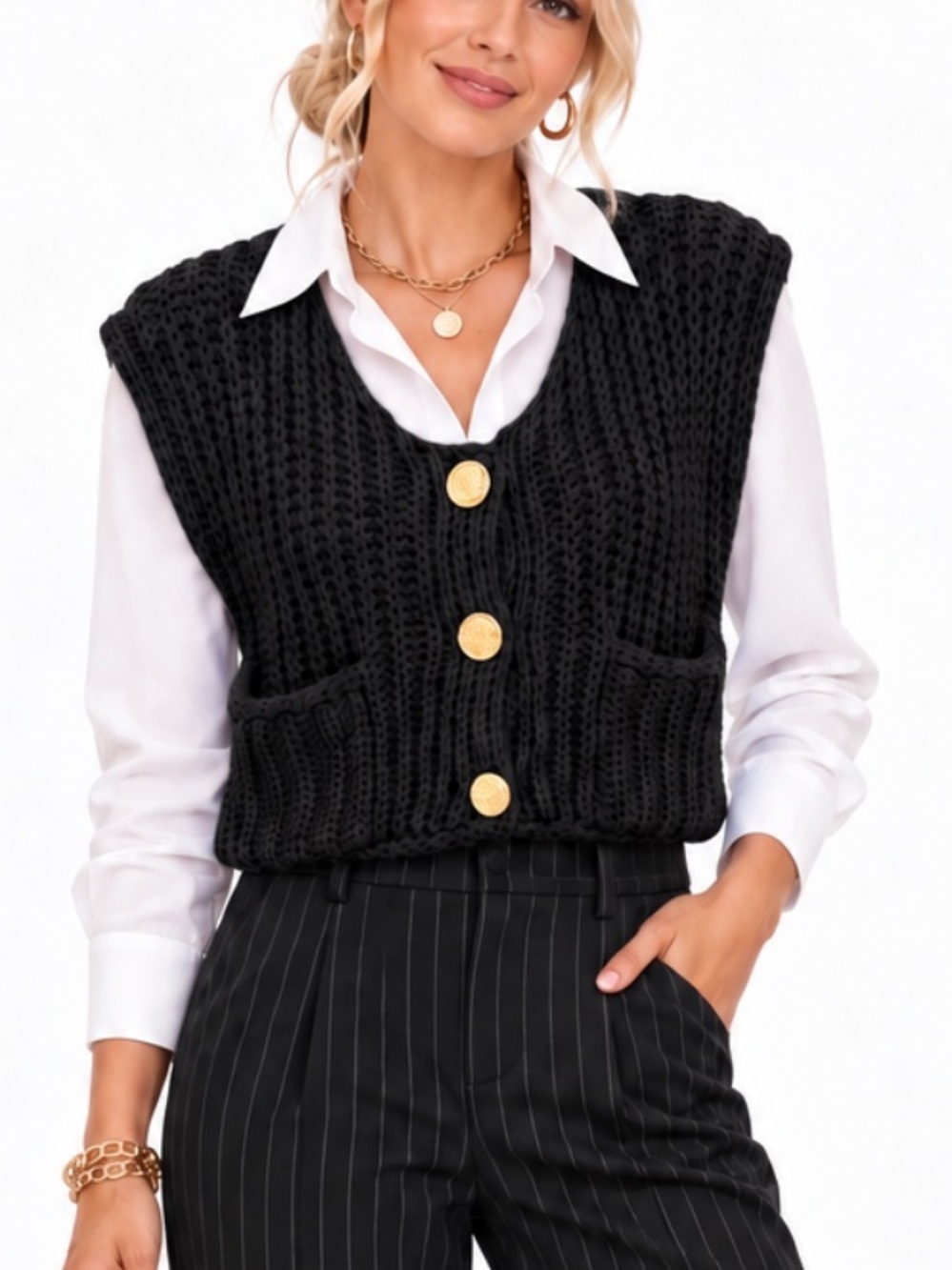 CHUNKY BLACK  KNIT CROPPED CROCHET VEST SZ XLG EUC